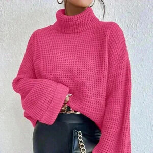 Hot Pink Casual Women's Loose Fit Turtleneck Drop Shoulder Sweater
